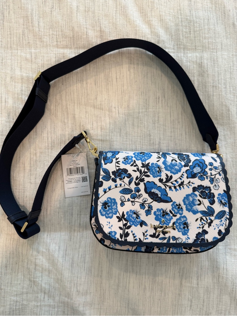 NWT Kate Spade Madison Blue and White Floral Crossbody with Navy Strap